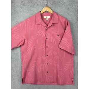 Tommy Bahama Shirt Mens Medium Pink Silk Cotton Palm Leaf Hawaiian Camp Jacquard